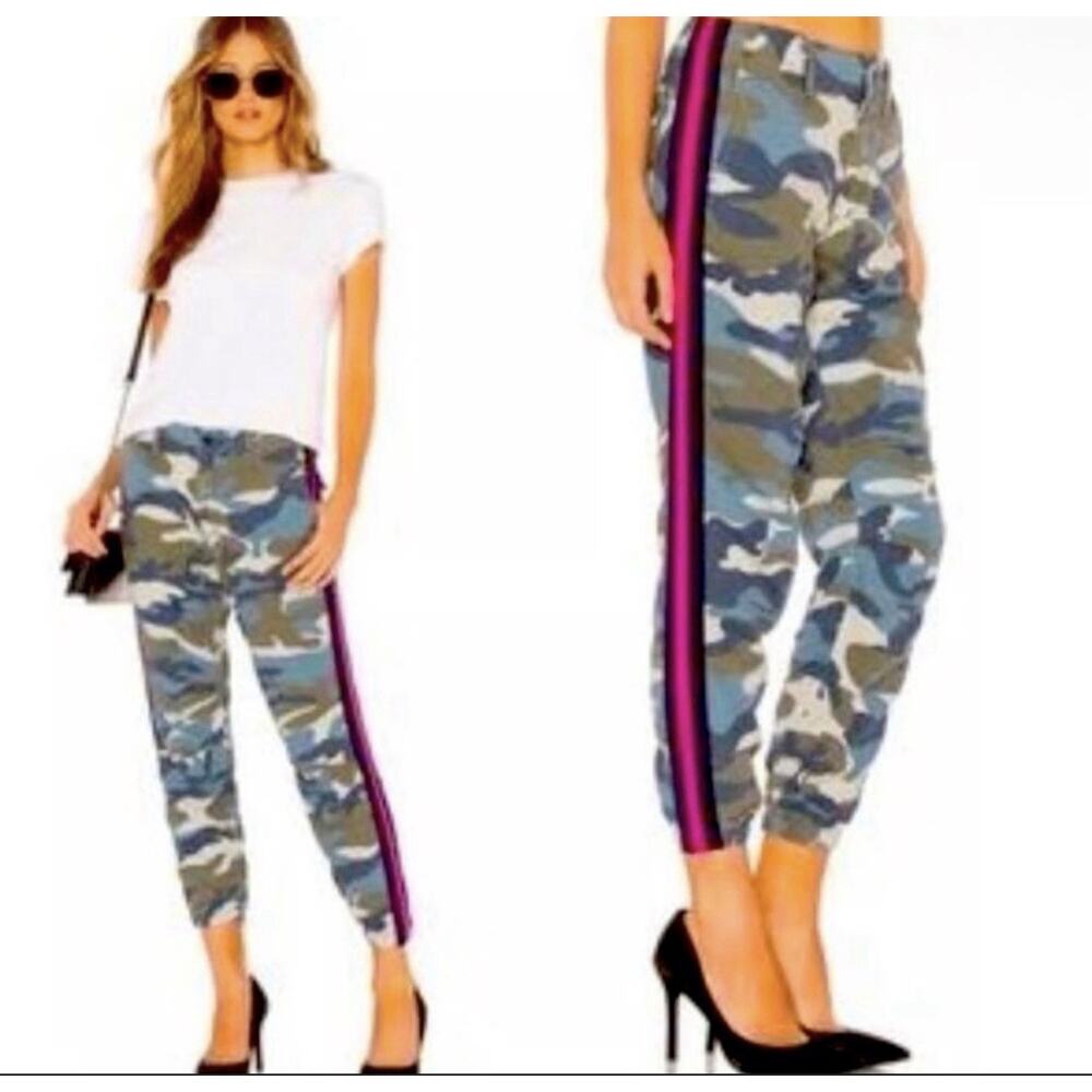 NWT Revolve MOTHER “No Zip”Misfit Pants Army Blue Camo Print Pink Stripe Size 25